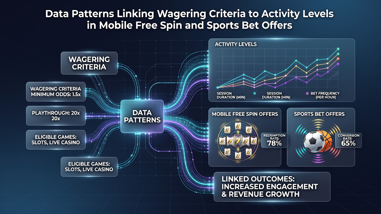 Mobile app interface showing free spin and sports bet offer data dashboards with wagering metrics highlighted