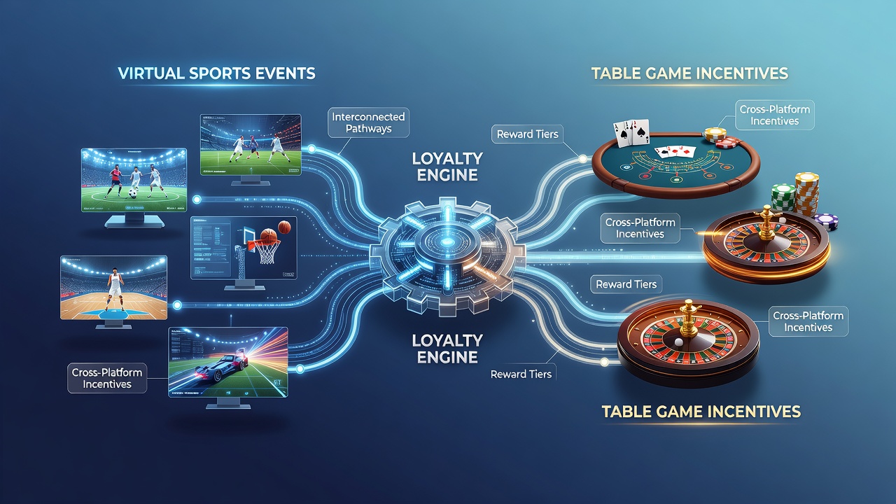 Analytics dashboard displaying loyalty point flows between virtual sports and table games at a regulated online casino