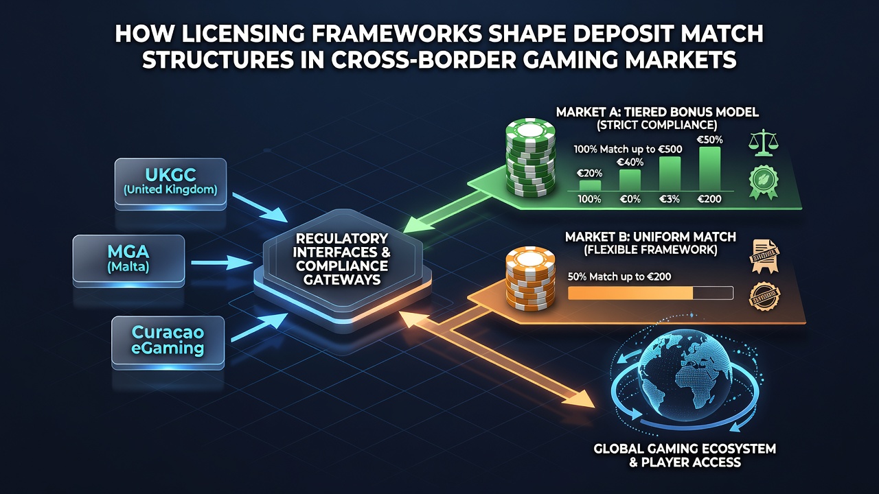 Regulatory documents adn digital interfaces showing deposit match structures across international gaming platforms
