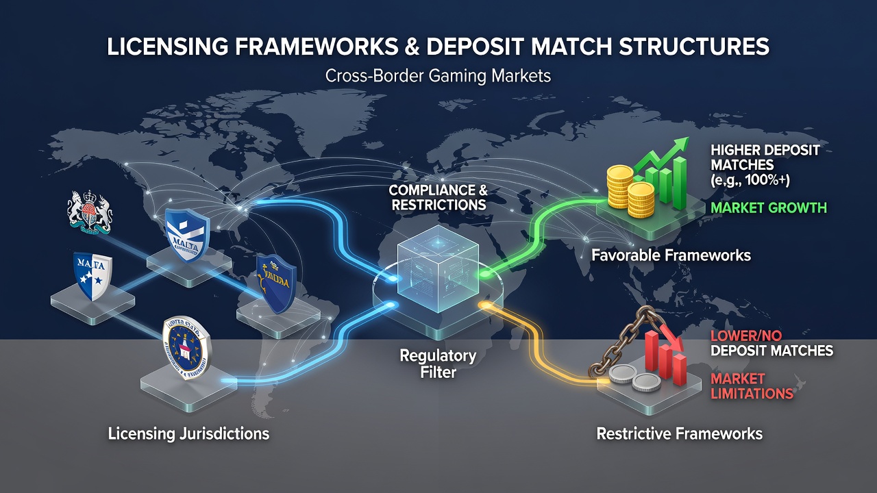 Global map highlighting licensed gaming jurisdictions and sample deposit match configurations
