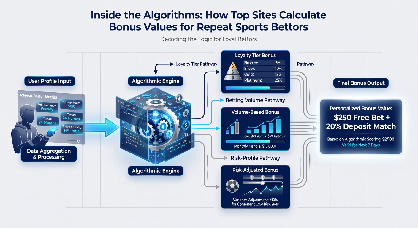Algorithm flowchart illustrating bonus value calculations for recurring sports bettors