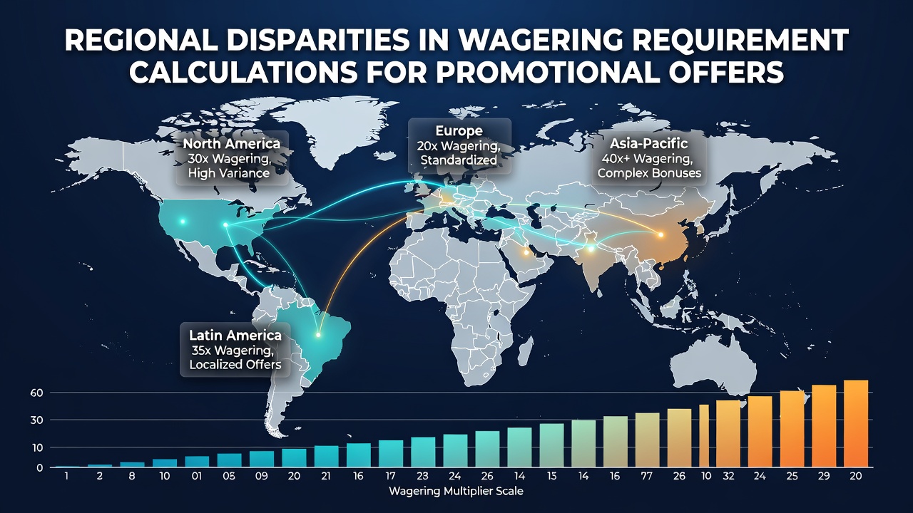 Map showing varying wagering requirement calculations across global gaming jurisdictions in 2026