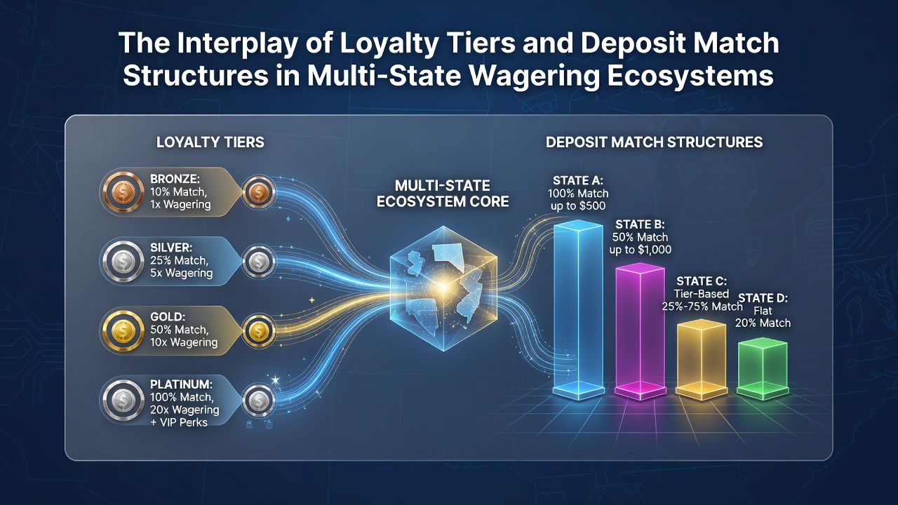 Loyalty tier progression chart showing deposit match rewards across multiple state platforms