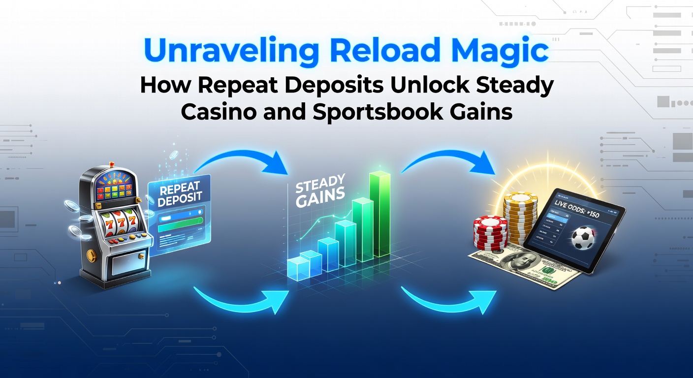 Illustration of a casino chip stack growing with repeated deposit icons, symbolizing reload bonuses building steady gains in betting